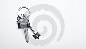 Keys with trinket in shape of house on white background, top view and space for text.