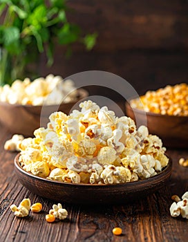 Delicious popcorn and corn kernels on a wooden table.