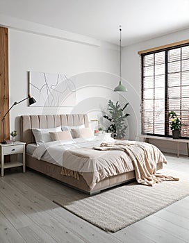 Stylish modern room interior with comfortable double bed