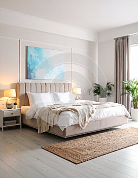 Stylish modern room interior with comfortable double bed