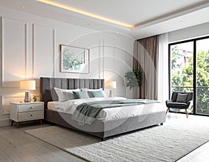 Stylish modern room interior with comfortable double bed