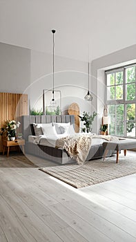 Stylish modern room interior with comfortable double bed