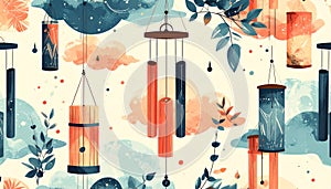 Seamless Pattern of Hanging Wind Chimes and Floral Elements