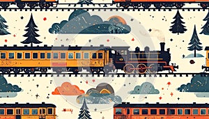 Vintage Train Seamless Pattern Illustration