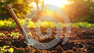 Shovel in soil outdoors, space for text. Gardening tool