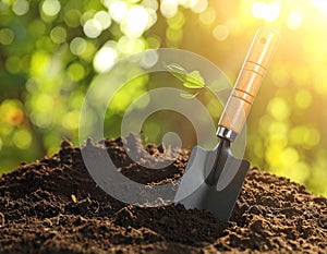 Shovel in soil outdoors, space for text. Gardening tool