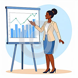 Confident businesswoman explaining chart graph on whiteboard, modern flat vector style for corporate designGenerated image