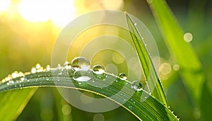 Water drops on grass blade against blurred background, closeup