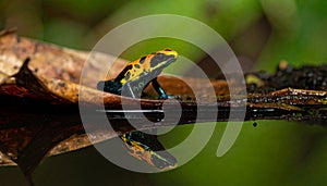 Vibrant Poison Dart Frog Perched on Leaf with Reflection in Water