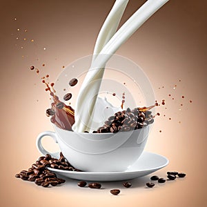 Coffee and milk flow with beans falling into a bowl on a brown gradient background.
