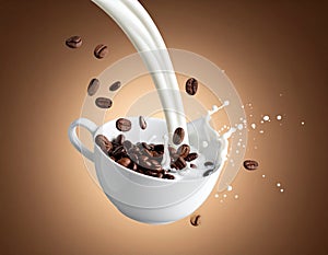 Coffee and milk flow with beans falling into a bowl on a brown gradient background.