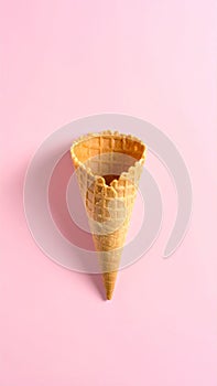 Empty wafer ice cream cone on pale pink background
