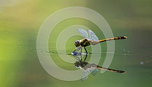 Dragonfly on Calm Water with Reflection