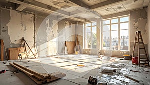 Sunlit Room Under Renovation: Construction Site Interior