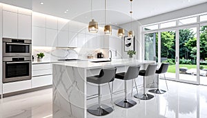 Modern White Kitchen with Marble Island and Garden View