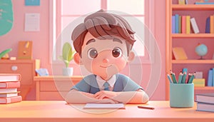 Happy Young Student Boy at Study Desk