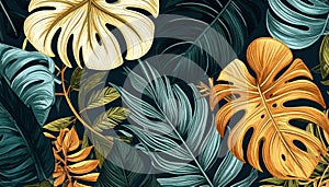 Tropical Leaf Seamless Pattern: Gold and Teal Monstera
