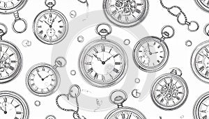 Vintage Pocket Watch Sketch Seamless Pattern