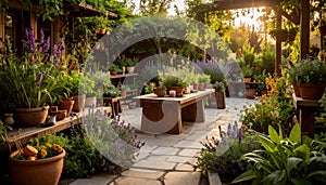 Rustic Garden Courtyard at Sunset