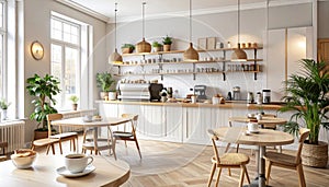 Modern Cafe Interior with Natural Light and Cozy Seating