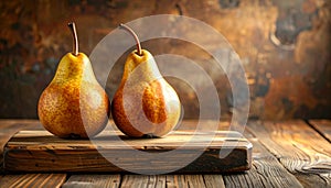 Two Ripe Pears on a Rustic Wooden Background