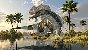 Uberabatitan dinosaur walking in the lake among tempskya trees and onychiopsis plants