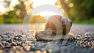 Big snail in shell crawling on road, summer day. Slug close up