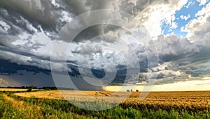 Approaching Storm and Sunlight Over Golden Wheat Field