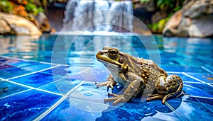 Frog toad perched on blue glass tile by rock waterfall pool.