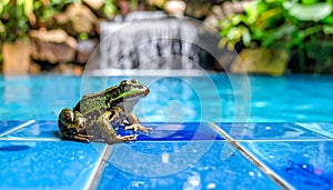 Frog toad perched on blue glass tile by rock waterfall pool.