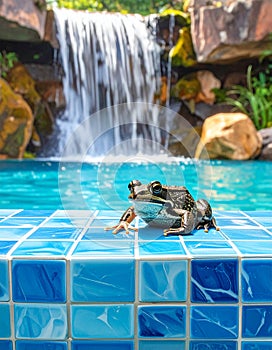 Frog toad perched on blue glass tile by rock waterfall pool.