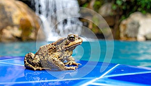 Frog toad perched on blue glass tile by rock waterfall pool.