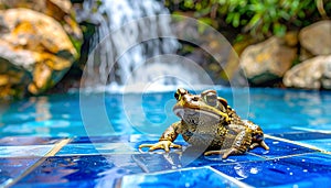 Frog toad perched on blue glass tile by rock waterfall pool.