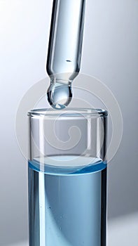 Dripping liquid from pipette into test tube on grey background, closeup