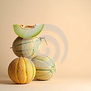 Stack of fresh melons on beige background. Space for text