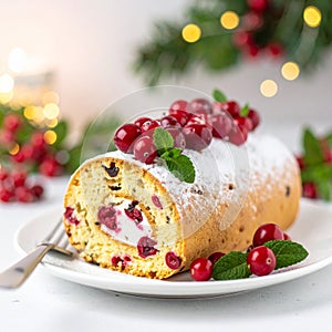 Festive Christmas Cake Roll with Cream and Berries
