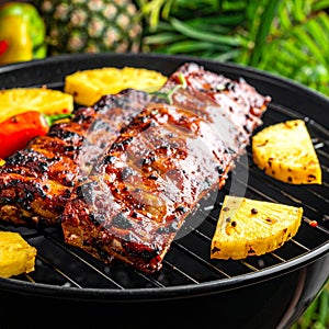 Grilled BBQ Ribs with Pineapple Slices