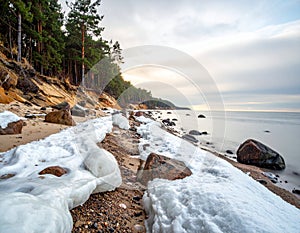 Frozen Rocks on Winter Seashore Landscape