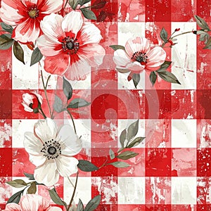 Floral Gingham Pattern - Red & White Print Design
