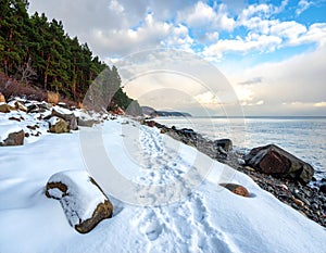 Snowy Coastline with Rocks and Sea