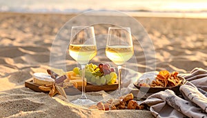 Glasses with white wine and snacks for beach picnic on sandy seashore