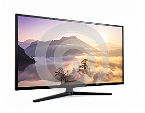 The modern TV set is isolated on a white background