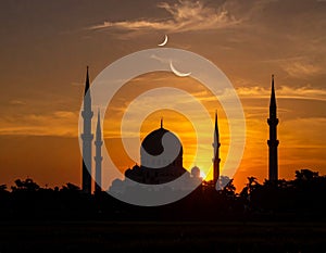 Mosque sunset sky, moon, holy night, islamic night and silhouette mosque, panaromic