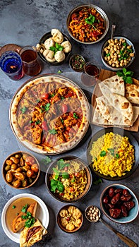 Ramadan kareem Iftar party table with assorted festive traditional Arab dishes