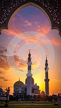 Mosque sunset islamic frame, vertical image, social media story, Ramadan or islamic