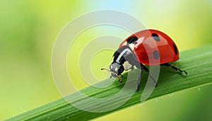Ladybug on green leaf against blurred background, macro view. Space for text 5