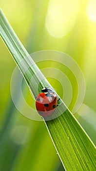 Ladybug on green leaf against blurred background, macro view. Space for text 5