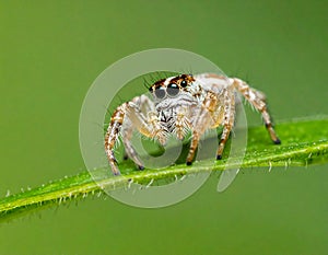 Small and tiny white and brownish jumping spider (Carrhotus sp.) crawling on a green