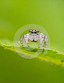 Small and tiny white and brownish jumping spider (Carrhotus sp.) crawling on a green
