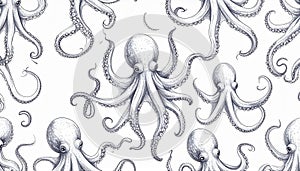 Seamless Pattern of Hand-Drawn Octopuses and Tentacles
